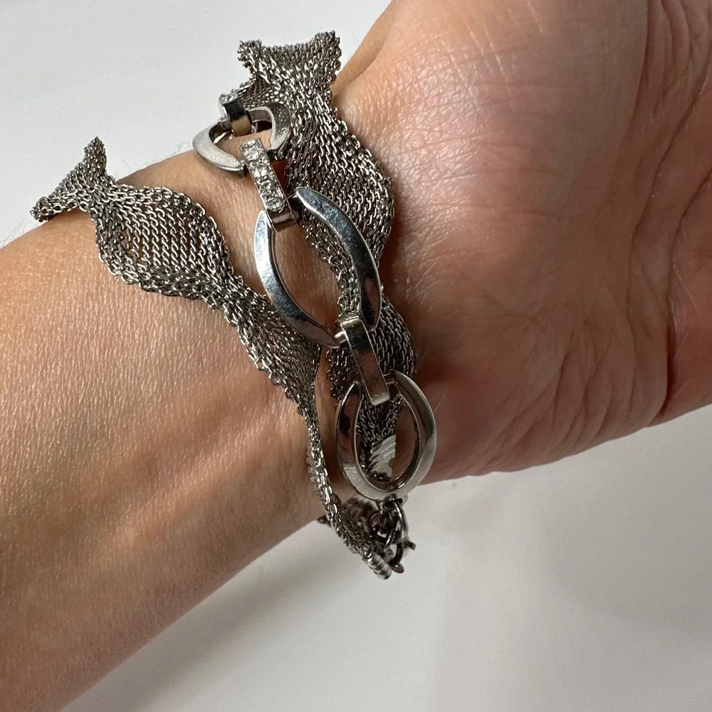 Layered Silver Tone Mesh Bracelet Multi‎ Strand Rhinestone Oval Statement Event